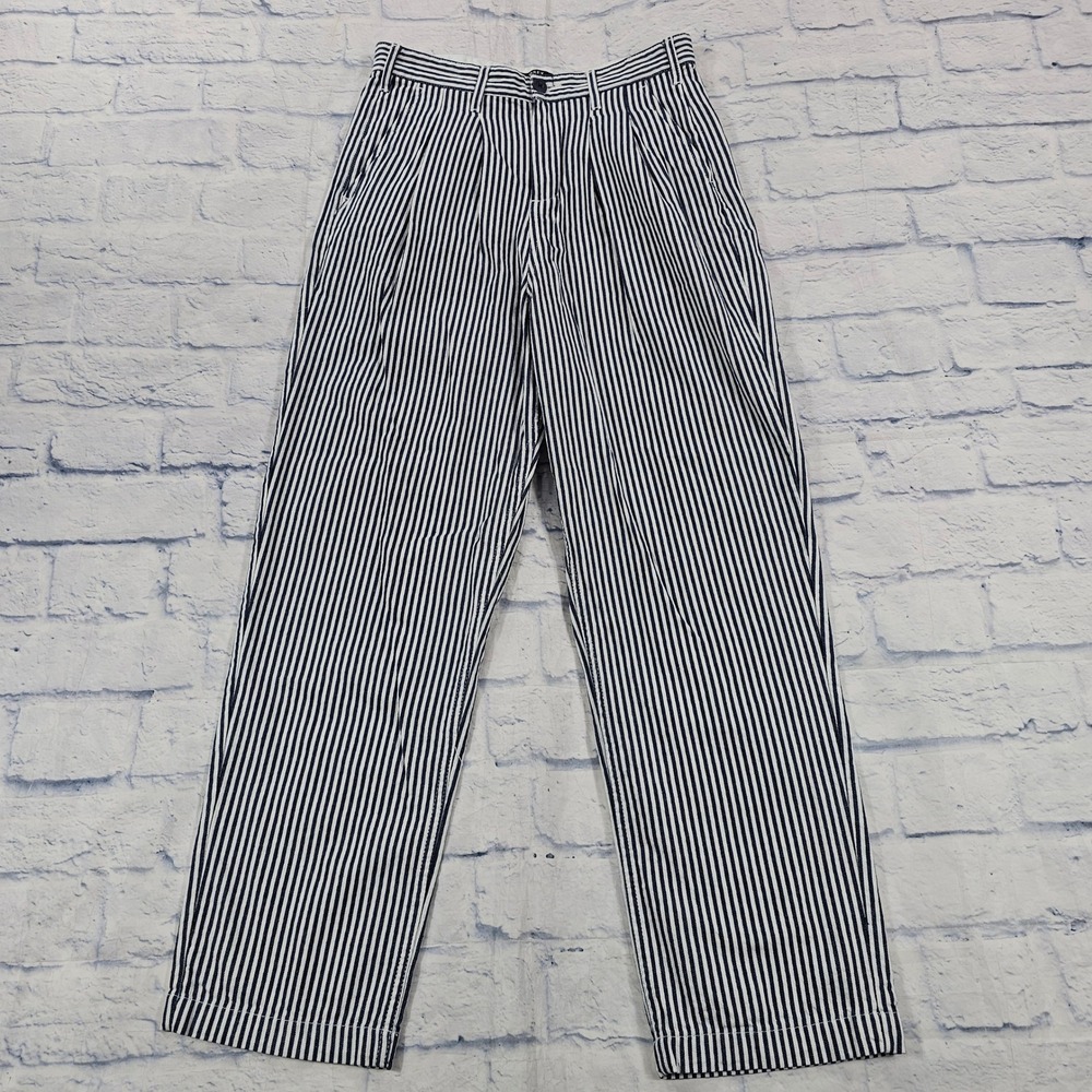 Obey Striped Pants Women 26 Blue White Pleated Straight Leg Cotton Trousers